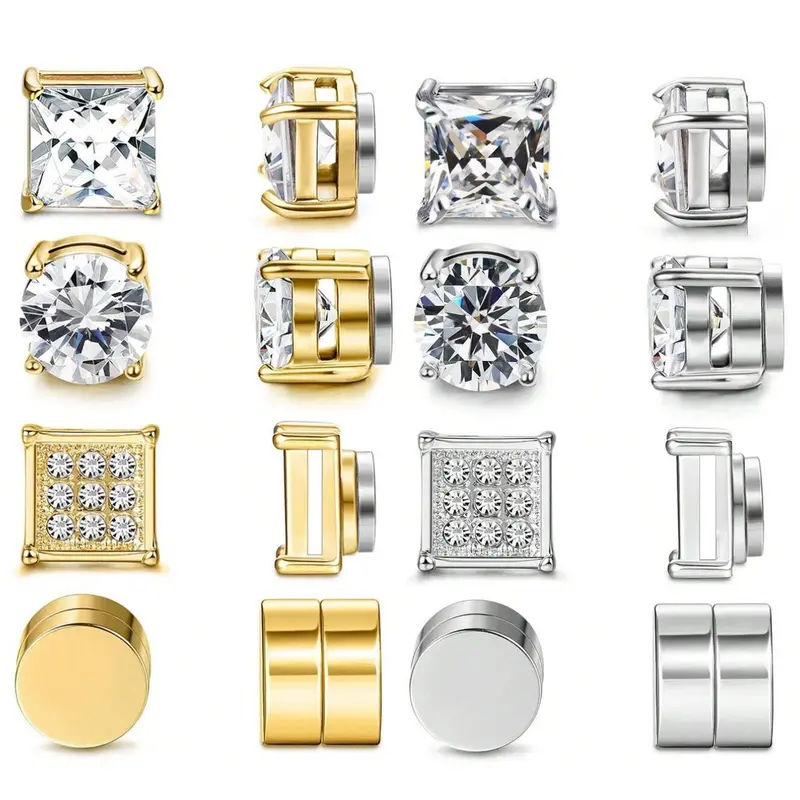 2-4 Pairs/set Men Cubic Zirconia Magnetic Fashionable Earrings, Trendy Jewelry, Trendy Fashionable Accessories, Casual Colorblock Studs for Party, Wedding, All Seasons, Punk Hip Hop Style
