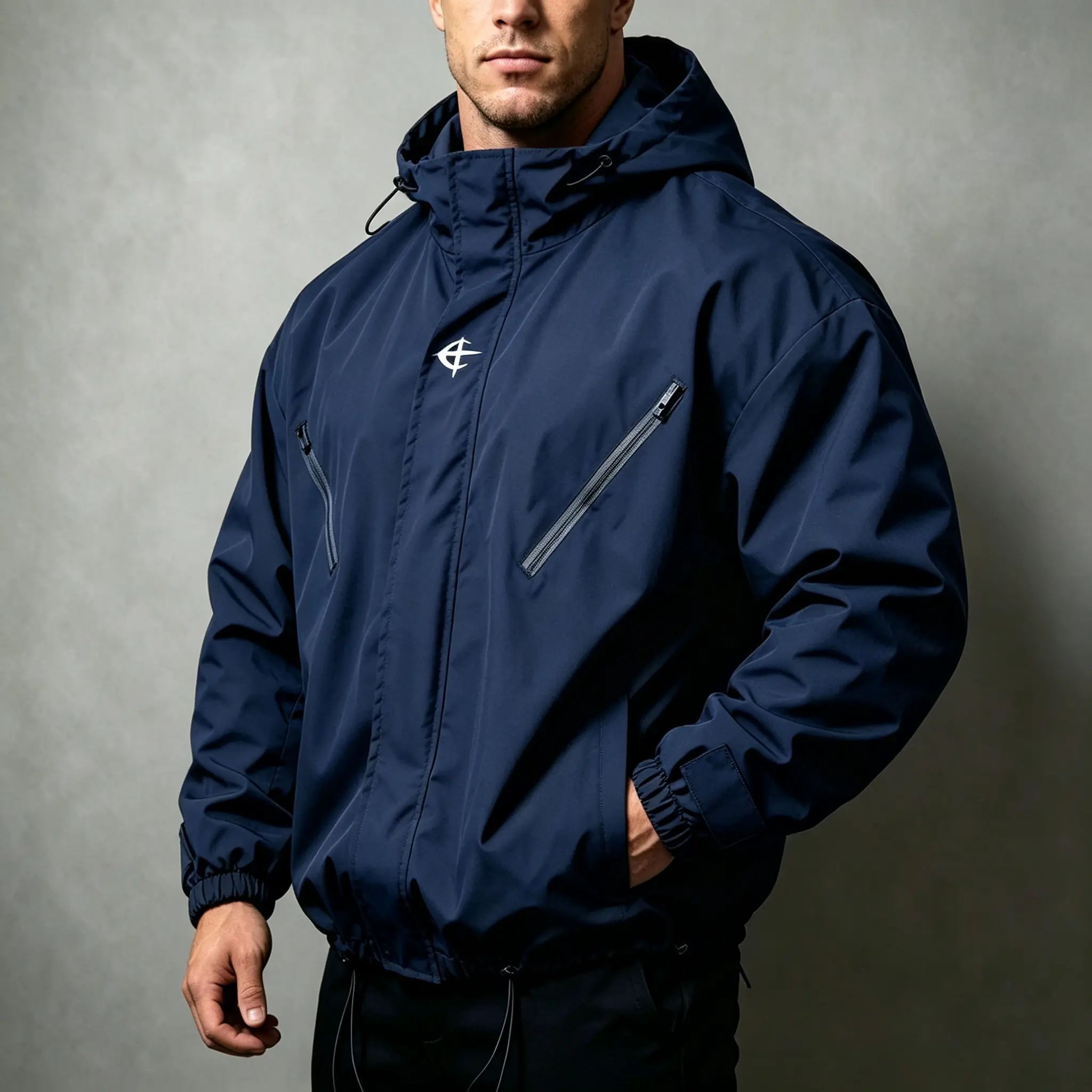 Spring/Autumn Men’s Outdoor Functional Hooded Softshell Jacket, Loose Drop-Shoulder Design, Waterproof & Windproof, Zipper Pockets, Drawstring Hem Workwear Jacket