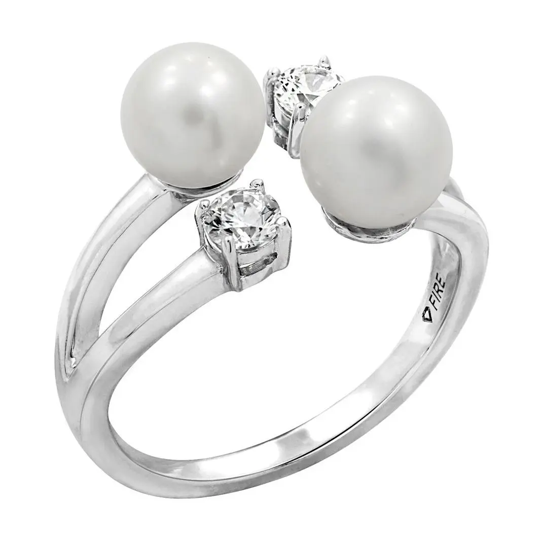 Diamonique Double Cultured Pearl Cuff Ring, Sterling Silver
