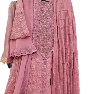 Pakistani Indian Women Wear Traditional 3 Piece Outfit with Embroidered Design, Chiffon Material, Pink Color - Womenswear, Clothing