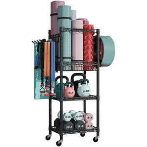 Home Gym Storage, 3 Tiers Workout Equipment Organizer with Wheels for Yoga Mats, Foam Roller, Dumbbells, Kettlebells, and Resistance Bands