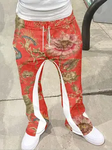 Vintage Floral Print Bell Bottoms, Romantic Baroque Style Casual Pants, Geometric Pattern, Fitted, All Seasons, Women's Fashion, Casual Chic Trousers