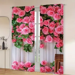 2 Pink Rose Vine Curtains -100% Polyester Fiber Translucent Machine Washable Window Curtains Suitable for Caf é, Shop, Kitchen, Bathroom, Bedroom Decorative Art Design