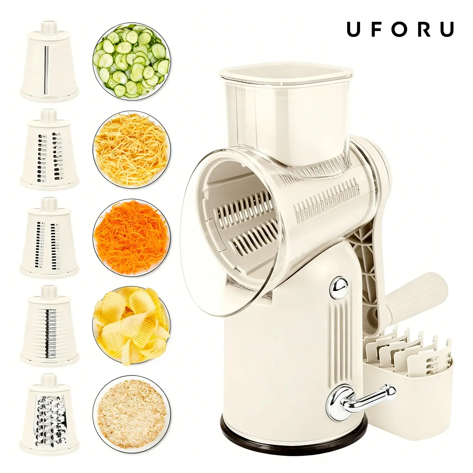UFORU 5-in-1 Stainless Steel Rotary Kitchen Grater & Vegetable Chopper - Smooth Operation, Transparent Components, Suction Base, Safety Handle for Cheese, Vegetables, Chicken Shredding, Blade, Slicer