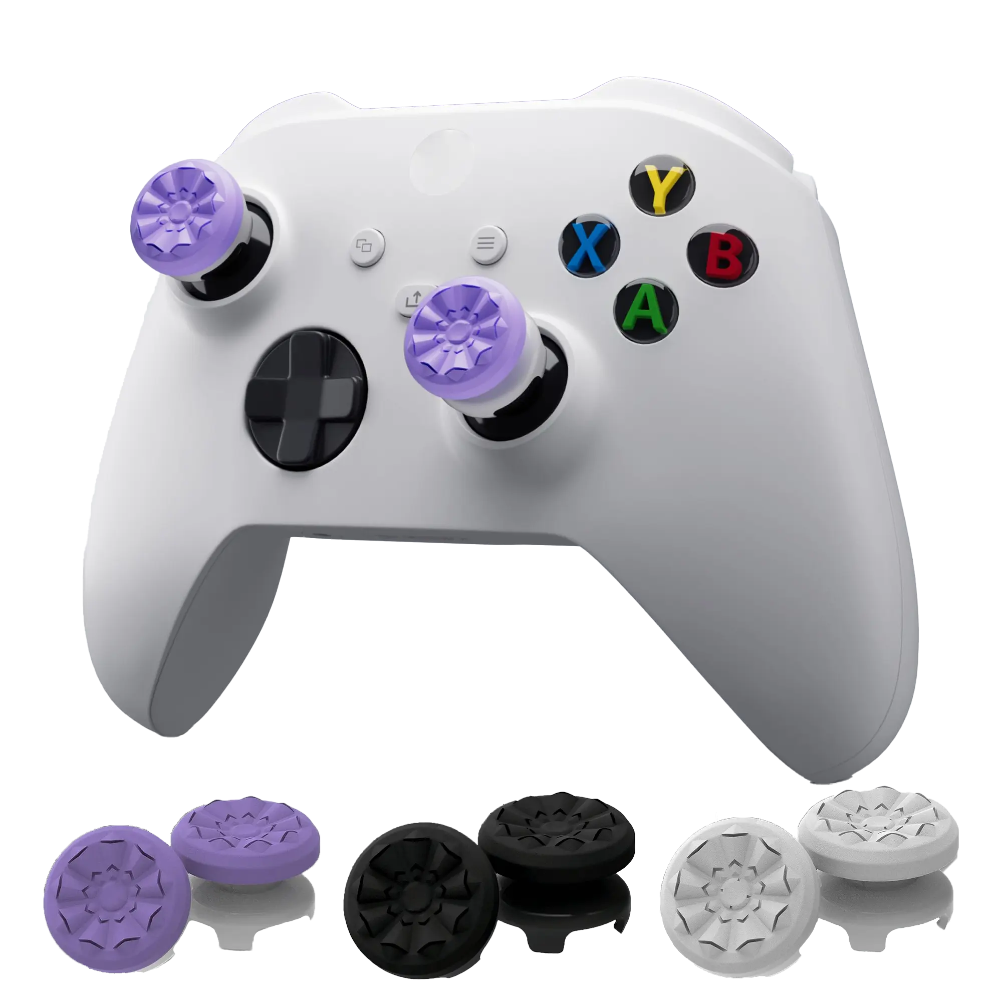 Gaming Professional Thumbstick Grips for Xbox One and Xbox Series X Controller, Joystick Rubber Game Accessories, 4-PRONG SECURITY, Professional Thumbsticks, 1 High-Rise, 1 Mid-Rise, Purple Black White Thumb Grips ﻿, Console Accessory, Joysticks