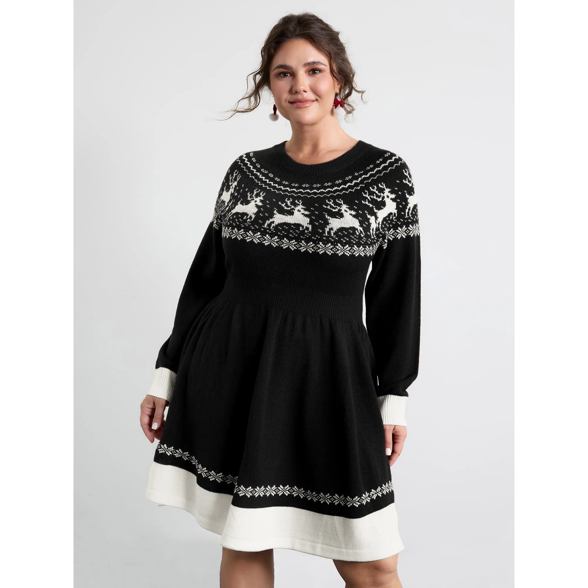 BLOOMCHIC Women's Plus Size Reindeer Print Cinched-Waist Casual Sweater Mini Dress - Round Neck, Long Sleeves, Bodycon Fit, M-6X,  Breathable Comfy Fabric, Simple Everyday Plus Size Fashion Womenswear,Summerfinds