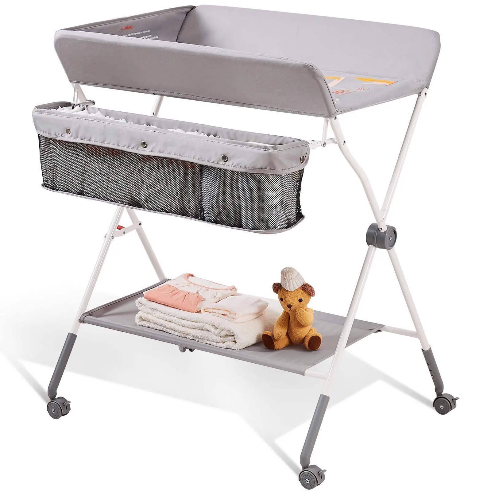 VEVOR Baby Changing Table, Folding Diaper Changing Station with Lockable Wheels, Portable Changing Table 3-level Adjustable Heights, with Storage Basket & Hanging Racks for Newborns & Infant#BackToSchool