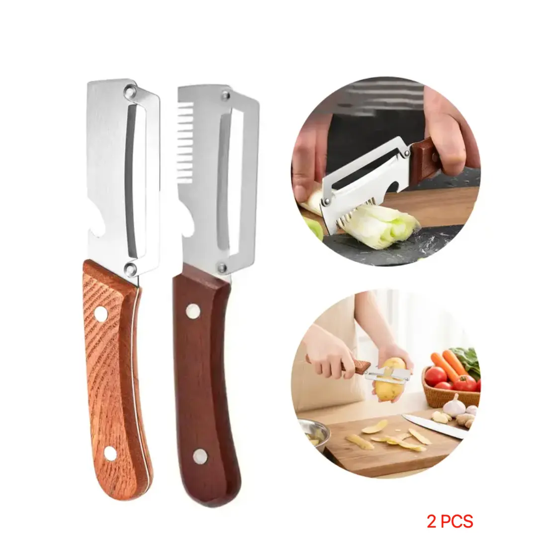 2-Pack Multi-Purpose Stainless Steel Peeler & Bottle Opener Combo - Ergonomic Wooden Handle Design, All-in-One Utility Food Peeling Knife for Daily Kitchen Use