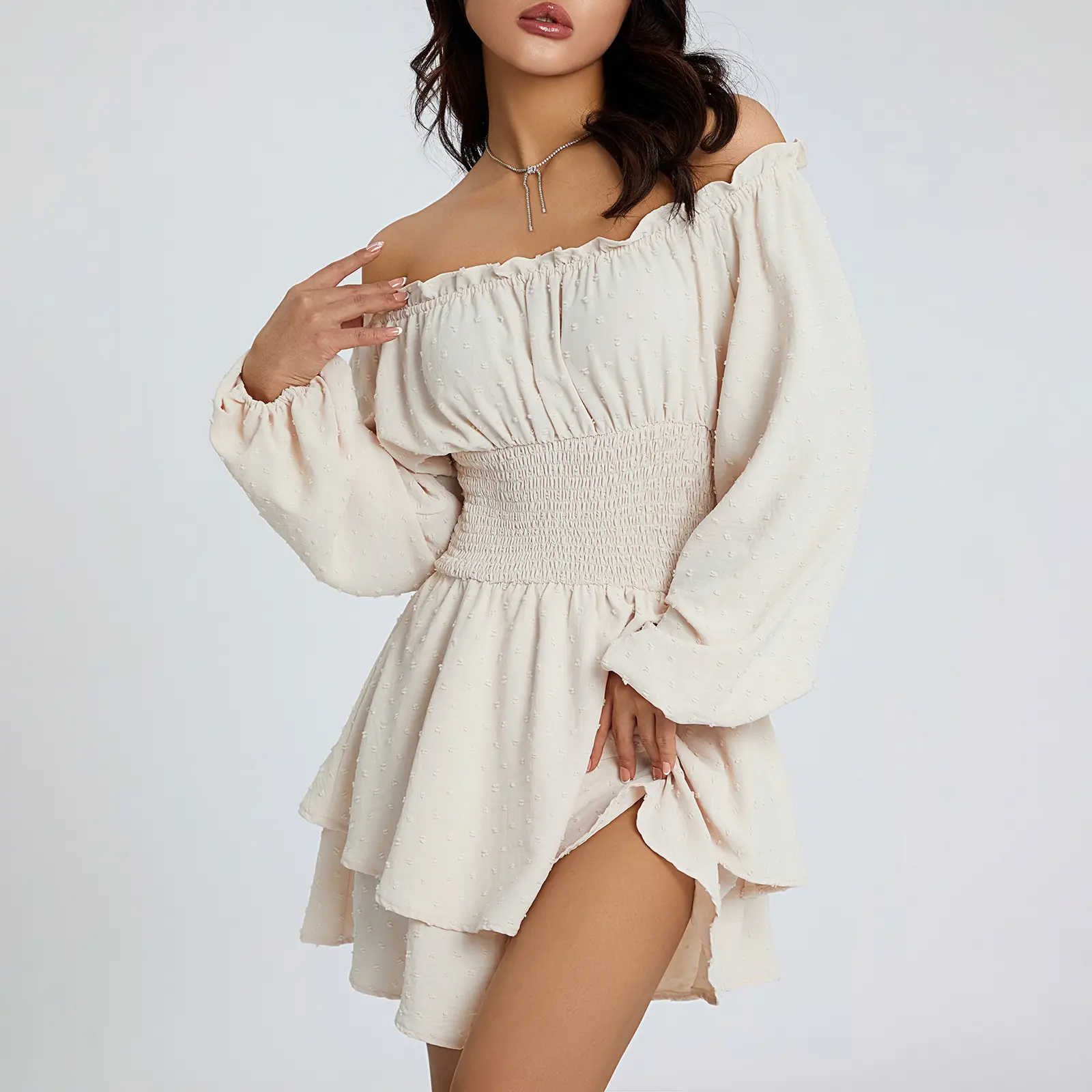 Women Off Shoulder Long Sleeve Romper Smocked Waist Ruffle Tiered Playsuit Cottagecore Boho Summer Mini Jumpsuit