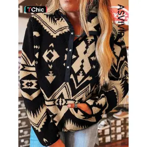 Women's Casual Aztec Half-Zip Plush Sweatshirt with Pockets, Western Style Long Sleeve Pullover for Fall & Winter