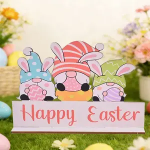 1 Pc "Happy Easter" Wooden Decor, Bunny Gnome Easter Egg Desktop Plaque Sign, Easter Gift, Suitable For Easter Party Decoration, Holiday Decoration, Home Room Office Decoration, Easter Crafts