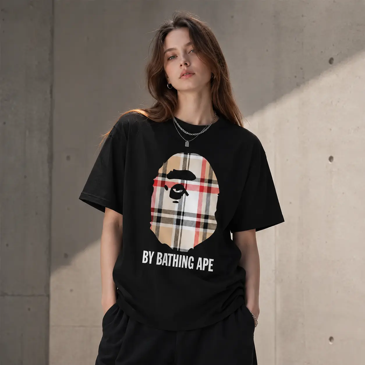 LOCAL 2026 Stripes Tee Short Sleeve Crew Neck Casual Summer T-Shirt with Iconic Ape Head Design and Plaid Pattern
