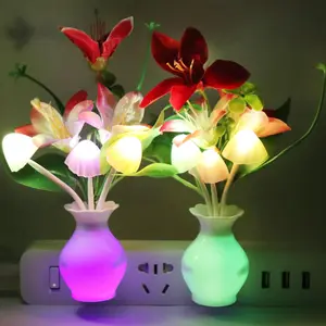 2 count Plug-in Night Light with Auto Light Sensor,RGB LED Mushroom Night Light Wall Red Lily Flower Lamp Energy Efficient Light for Adults   Room,Bedroom,Lounge,Hallway,Stairs