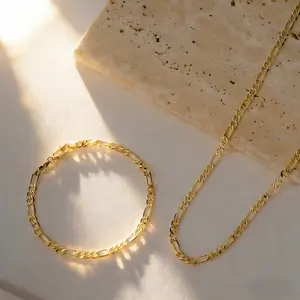 Elegant 2pcs Set 18K Gold Bracelet & Necklace Jewelry Set 4mm Chain for Men Women Lady Christmas Gift Charms Wedding