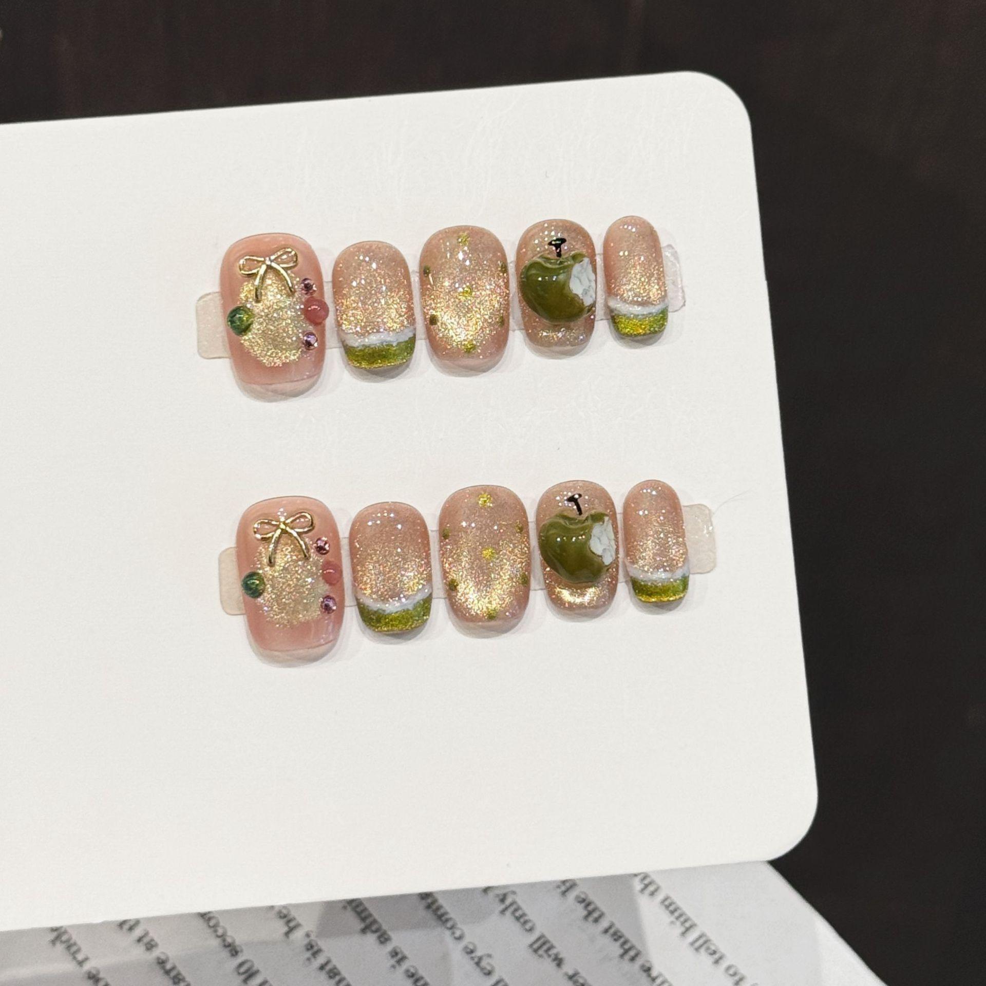 【Lucy UU】New 2 Styles Sweet Short Square Press On Nails 3D Bow Green Apple Charm Design Handmade Reusable Cute Fake Nail For Women Girls