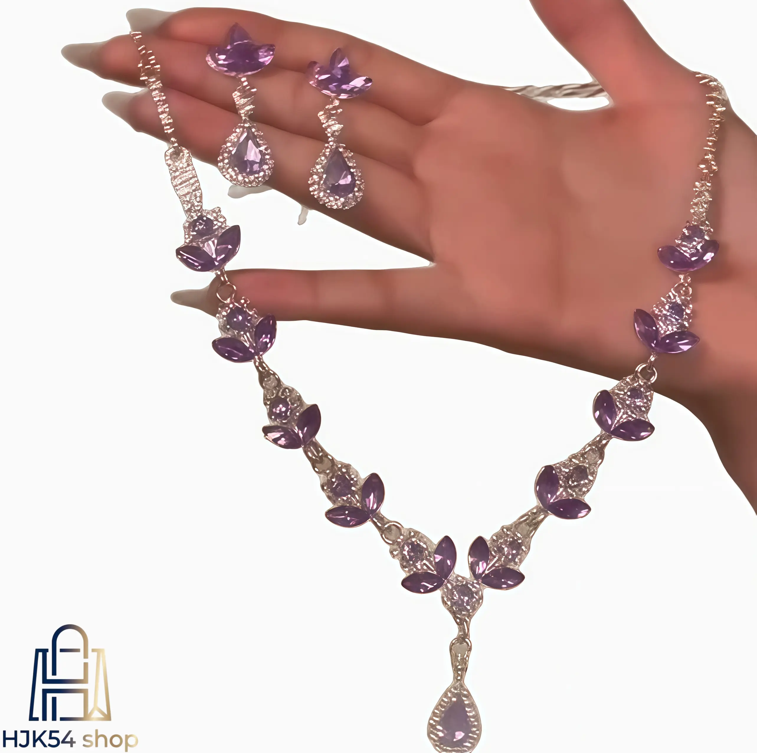 2-Piece Silver-Plated Purple Teardrop Crystal Jewelry Set - Butterfly Cubic Zirconia Y-Drop Necklace, Dangle Earrings, Floral & Butterfly Design Necklaces for Bridal Formal Events, Butterfly Decorative Element Necklaces, Floral And Butterfly Design Neckla