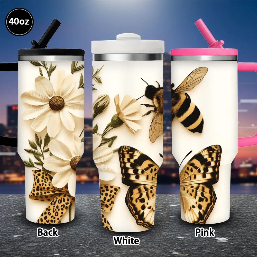 40 oz Insulated Vacuum Flask Tumbler - 1 Pc, Leopard Print & Floral Design, Lid & Straw Included, Winter Travel Mug for Women, Ideal for Valentine’s Day Gifts, Fits Iced/Hot Coffee, Flasks