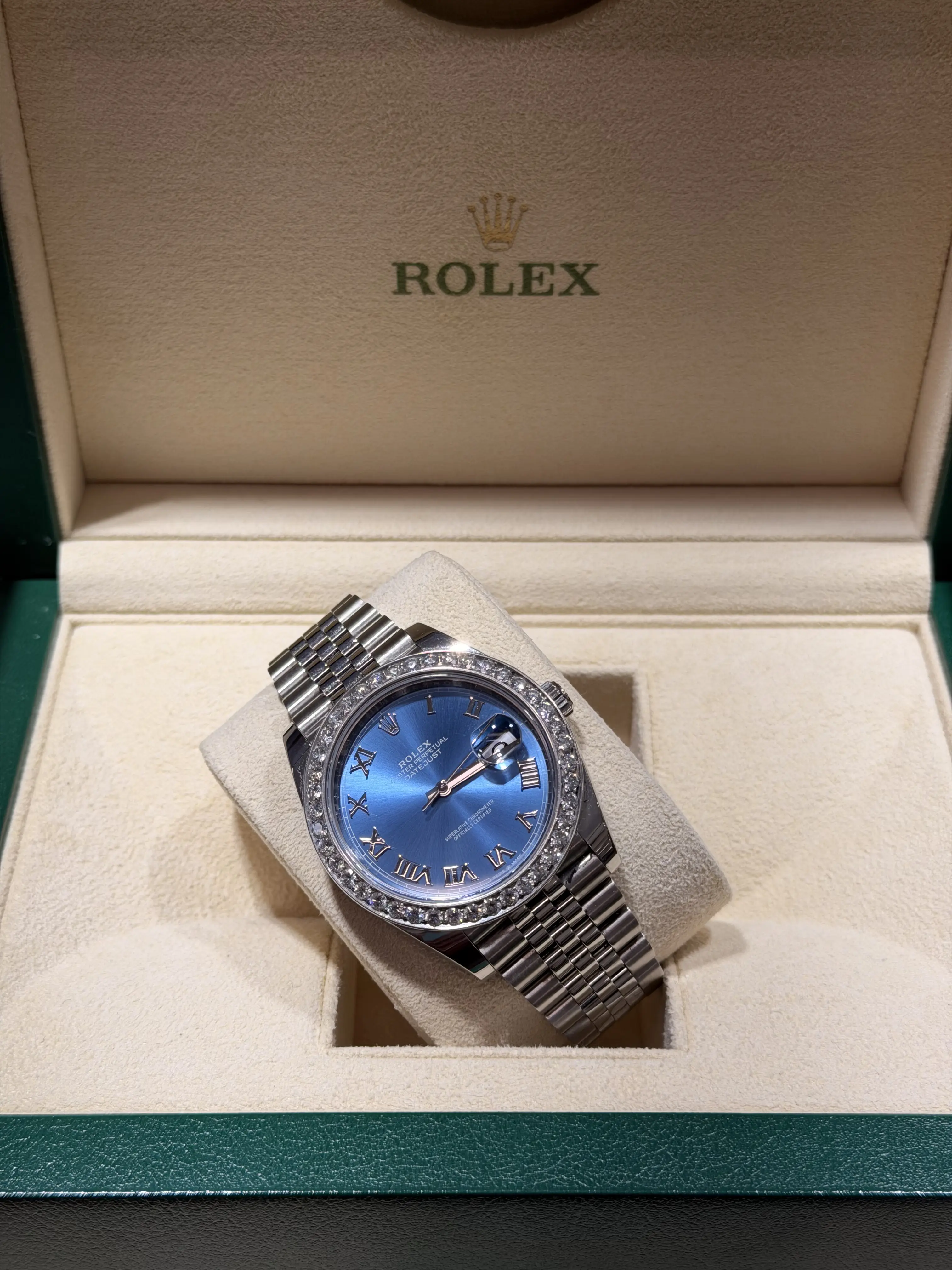 Rolex Datejust 41 mm Blue Roman Numeral Dial Diamond Bezel Jubilee Bracelet Stainless Steel Watch