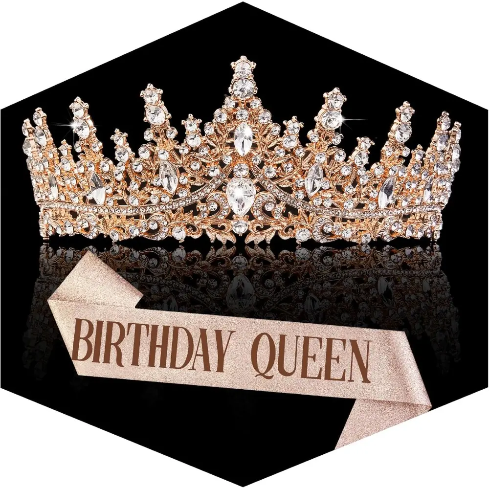 2PCS Rose Gold Crown Set for Women Crystal Princess Tiaras Rhinestone Queen Headband Wedding Bridal Hair Accessories Birthday Prom Pageant Party Coming of Age Ceremony Photo Props