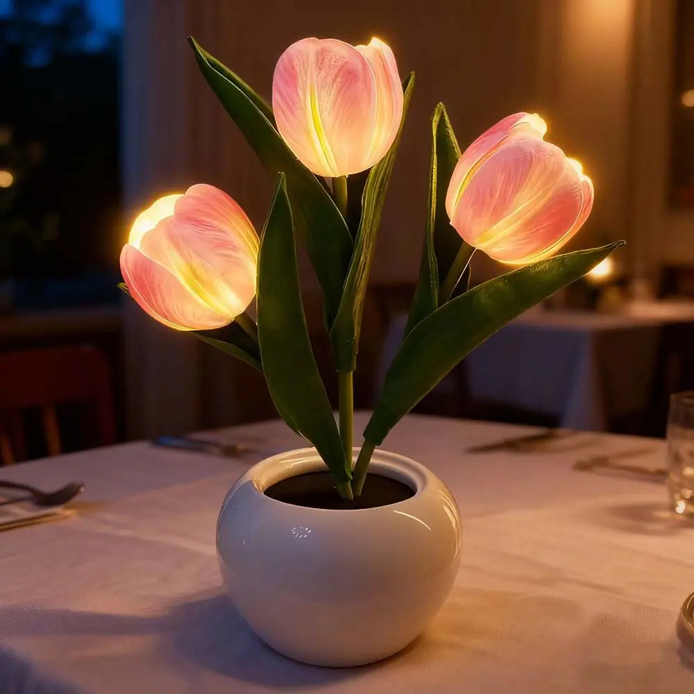 3-Head LED Dimmable Classic Tulip Novelty Lamp with Simulation Fake Flower Bouquet, Ceramic Vase, Batteries, Indoor Lighting & Colorful Lights, Table Lamp for Home Living Room Desktop Decor, Manufacturer Warranty Included, Mood Lighting, Table Lamps