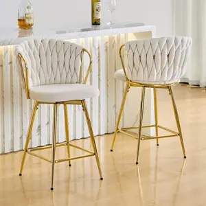 Bellemave Counter Height Bar Stools Set of 2 - 360° Swivel Soft Velvet Upholstered Chairs, Braided Back Rope Weave, 26" Seat Height, Sturdy Iron Base, Ergonomic Design, Gold Footrest, Modern Home Kitchen Furniture