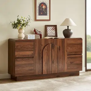 【CategorySelect】ONBRILL 60-Inch Mid-Century Modern Engineered Wood Sideboard - Curved Frame Buffet Cabinet with Arched Doors, Arched Handles, 4 Drawers, Adjustable Shelf, Easy Assembly for Dining & Living Rooms