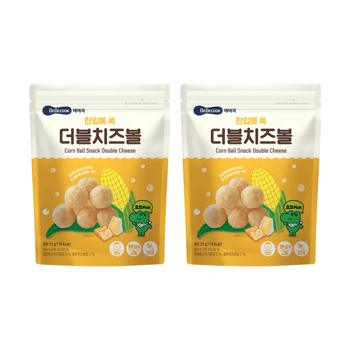 BeBecook Double Cheese Corn Puffs - 25g x 2 Pack | Korean Baby Snack, No Additives, Toddler Food, First Foods, Organic Ingredients