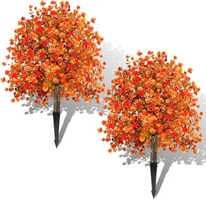 2 Pack UV-Resistant Artificial Boxwood Topiary Ball Trees with Fall Flowers & Ground Spikes, Outdoor Decorative Shrubs for Garden, Porch, Patio
