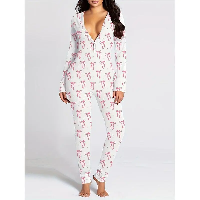 Women'S Sleeping Romper, Christmas Pajamas, Long Sleeve V-Neck Printed Loose Detachable Crotch Elastic Black Cotton Loungewear Women'S Sleeping Romper, Christmas Pajamas, Long Sleeve V-Neck Printed Loose Detachable Crotch Elastic Black Cotton Loungewear