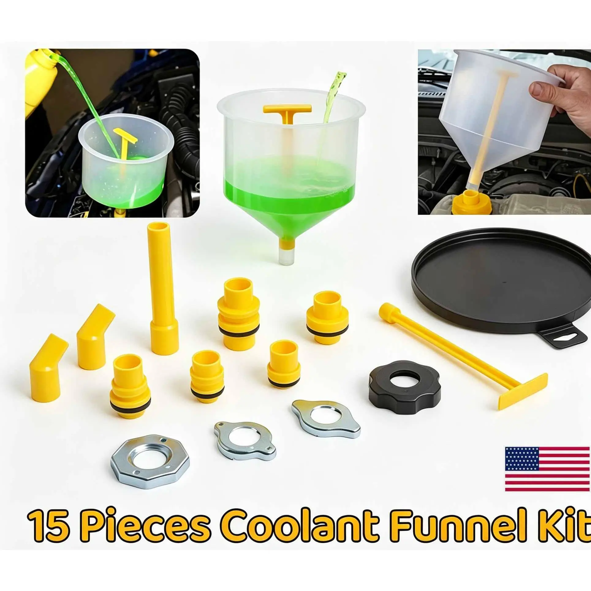 Universal Automotive Coolant Filling Funnel Set, Shatterproof Durable Plastic, Ergonomic Splash-Proof Design Eliminates Air Pockets, Complete 15-Piece Tool Kit for Garage and Home Mechanic Use