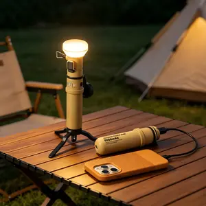 ISUNMEA Rugged Hanging LED Lantern (Mini Tripod Included) — USB-Powered, Dimmable Soft-Light LED Lamp; IP44 Dustproof & Water-Resistant; 10–350 Lumen Brightness Range; A Portable Light Ideal for Power Banks, EDC, Travel, and Home Use (Beige)