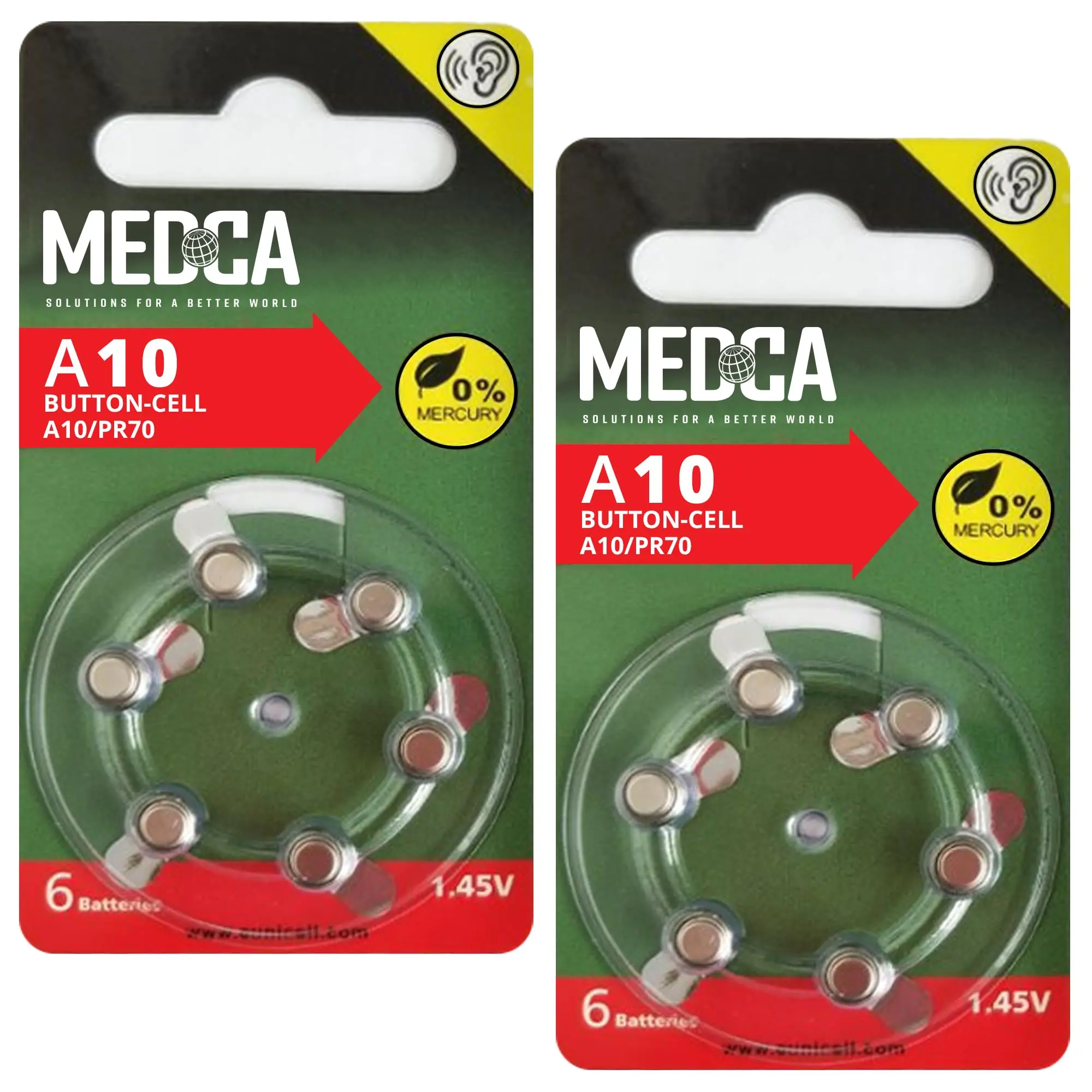 MEDca A10 Zinc Air Batteries - 12 Count Pack - 1.45V Yellow Tab Button Cell Batteries for Small Electronic Devices