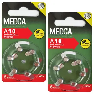 MEDca A10 Zinc Air Batteries - 12 Count Pack - 1.45V Yellow Tab Button Cell Batteries for Small Electronic Devices