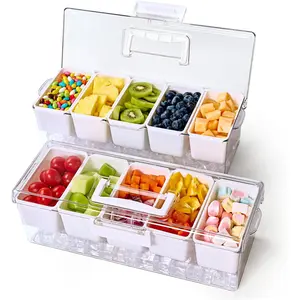 2 Pack Chilled Condiment Tray Server with 5 Removable Small Compartments Containers &  Handle Design, Ice Chilled Condiment Organizer, Garnish Serving Tray for Camping, Fruit, Salad