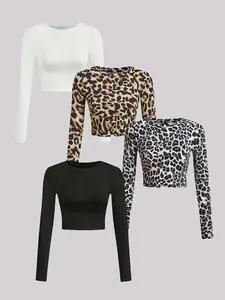 Women's Leopard Print Long Sleeve Knit Round Neck Top Set, Casual Everyday Fall Winter Fashion, Four-Piece Commuter, Comfortable & Stylish, Fit, Knitwear
