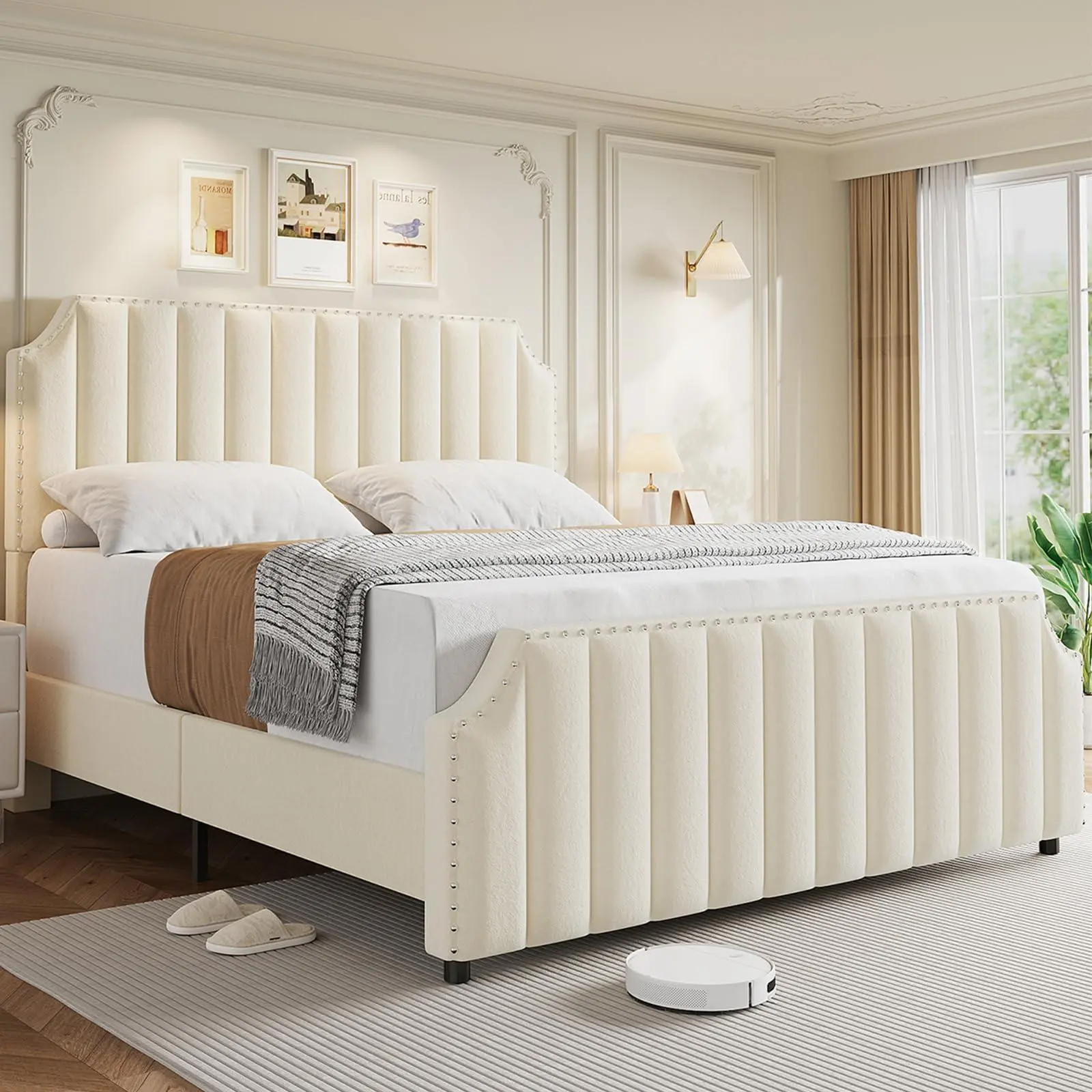 Beige Tufted Bed Frame - Queen Size Velvet Upholstered Platform Bed with 50.2" Tall Vertical Channel Tufted Headboard, Nailhead Trim Footboard, Noise-Free, No Box Spring Needed, Tall Headboard