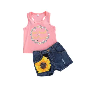 2pcs Set Toddler Kids Baby Girl Sleeveless Floral T-Shirt Top Sunflower Denim Jeans Shorts Outfits 1-6T