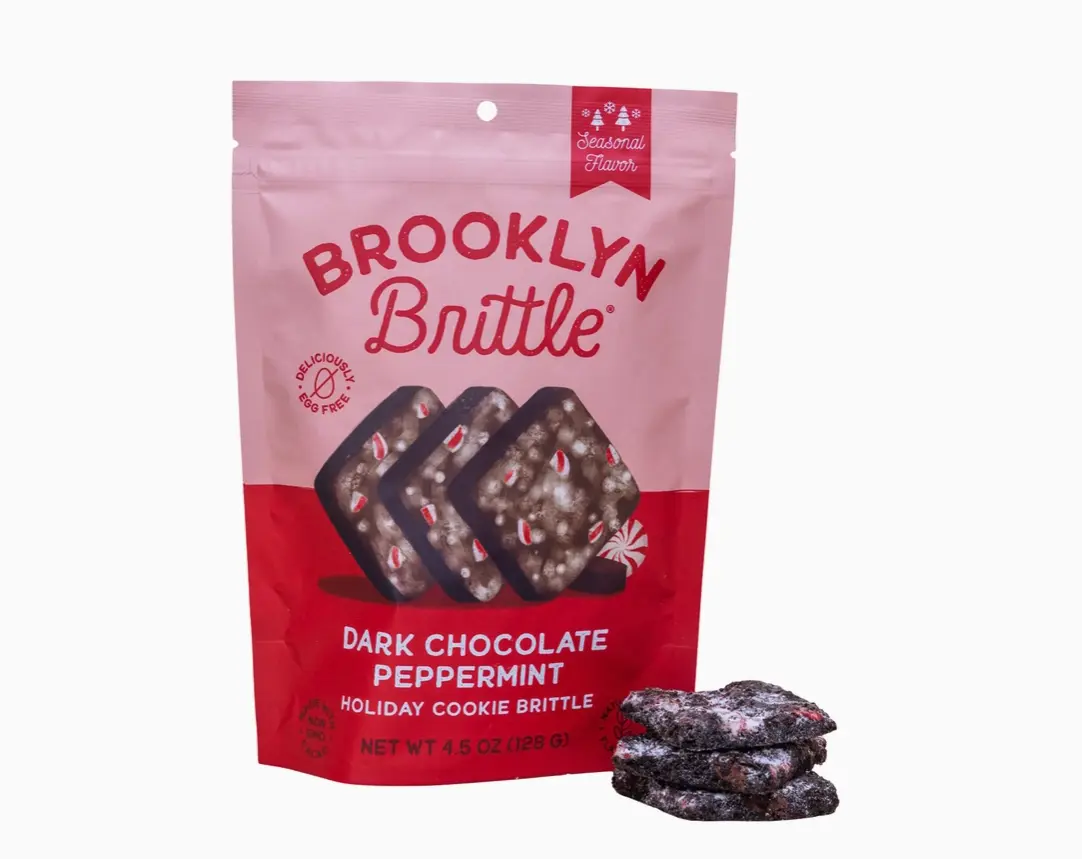 Brooklyn Brittle Dark Chocolate Peppermint Vanilla Italian Cookie Brittle Snack, 4.5oz Pouch Bag, 12-Month Shelf Life, GMO-Free, Ambient Temperature Storage, Seasonal Holiday Treat