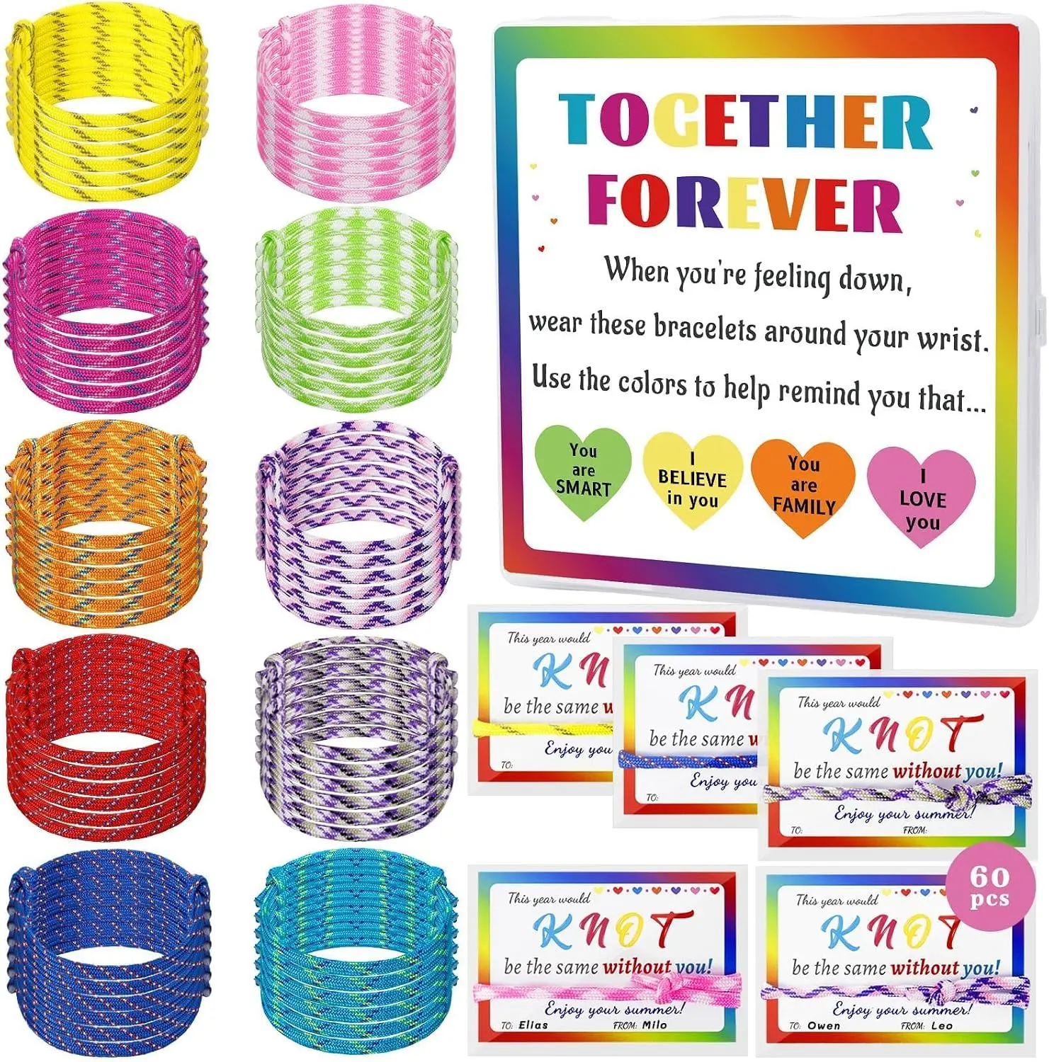 60 Sets End of Year Bracelet Gifts, Colorful Woven Wrap Friendship Bracelets with Card, Adjustable Graduation Knot Bracelets for Grade Students School Summmer Party Favors Gifts