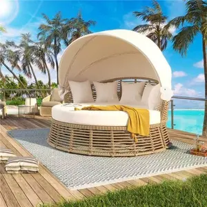 Bellemave  Outdoor Patio Rattan Round Daybed with Retractable Canopy, Wicker Furniture Round Poolside Sofa Sunbed with Removable Cushions, Backyard, Porch, Beige