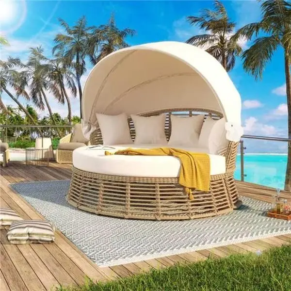 Bellemave Beige Outdoor Rattan Round Daybed - Sturdy Glam Outdoor Living Sectional with Retractable Sun Protection Canopy, Wicker Cushions (Removable), 53.10 x 55.50 x 49.20 Inches for Garden, Backyard