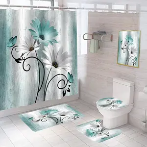 Daisy Shower Curtain Set 5PCS Waterproof Floral Bathroom Decor Set Fresh Color Daisy Pattern with Matching Wall Art for Home Bathroom