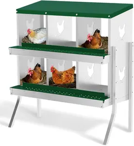 6-Hole Galvanized Steel Chicken Nesting Box with Stand, Legs, Perch, Roll-Away Egg Tray, Wall Mounted Design for Poultry Laying Needs
