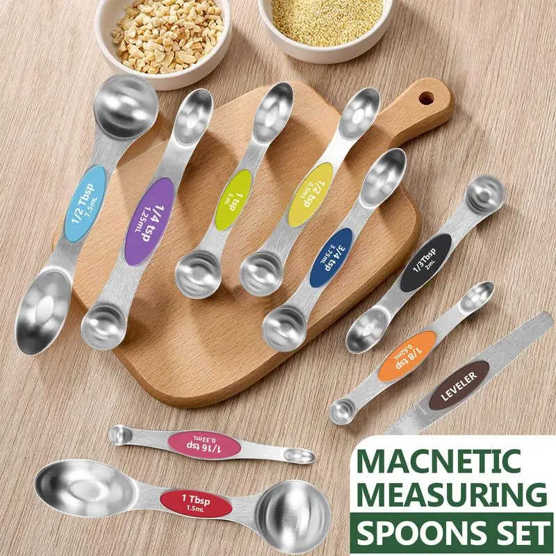 Stainless Steel Double-ended Measuring Spoon (9 Counts), Multi-purpose Magnetic Seasoning Food Measuring Spoon, Utensils for Home Kitchen, Household Spoon Set, Kitchenware, Cooking, Multifunctional Measuring Spoon gift set