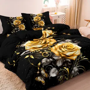 Rose & Butterfly Pattern Bedding Set, 1 Decorative Duvet Cover & 2 Pillowcases without Filler, Soft Comfortable Bedding Set for Bedroom & Dorm Room, Duvet Cover Sets