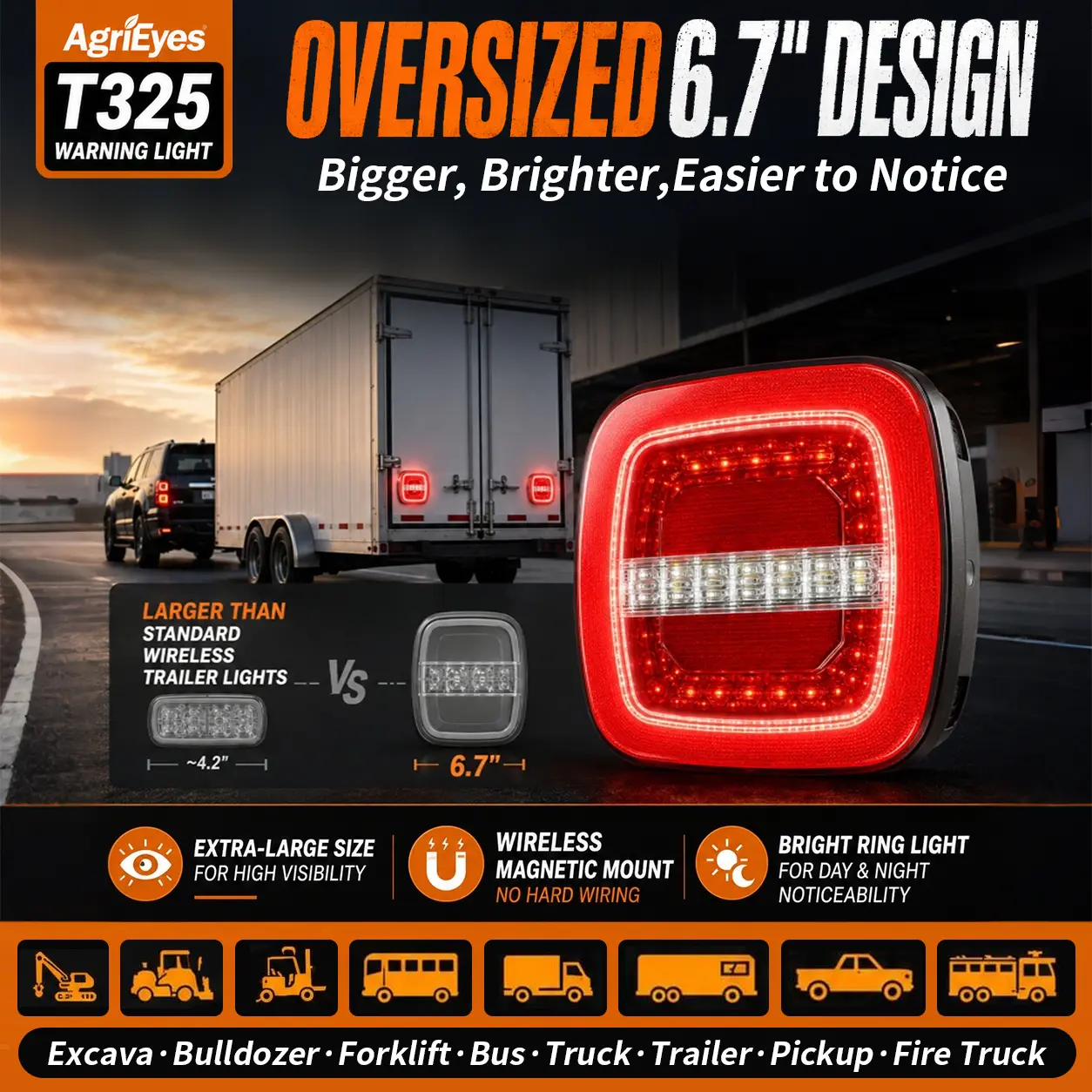 AgriEyes T325/T42/T28 Wireless Magnetic Trailer Light Kit - Heavy-Duty LED Car Lights, USB-C Rechargeable, IP67 Waterproof, 22 LEDs, 5 Modes, Strobe Emergency Warning, 1-Year Warranty, Strobe Light backtoschool