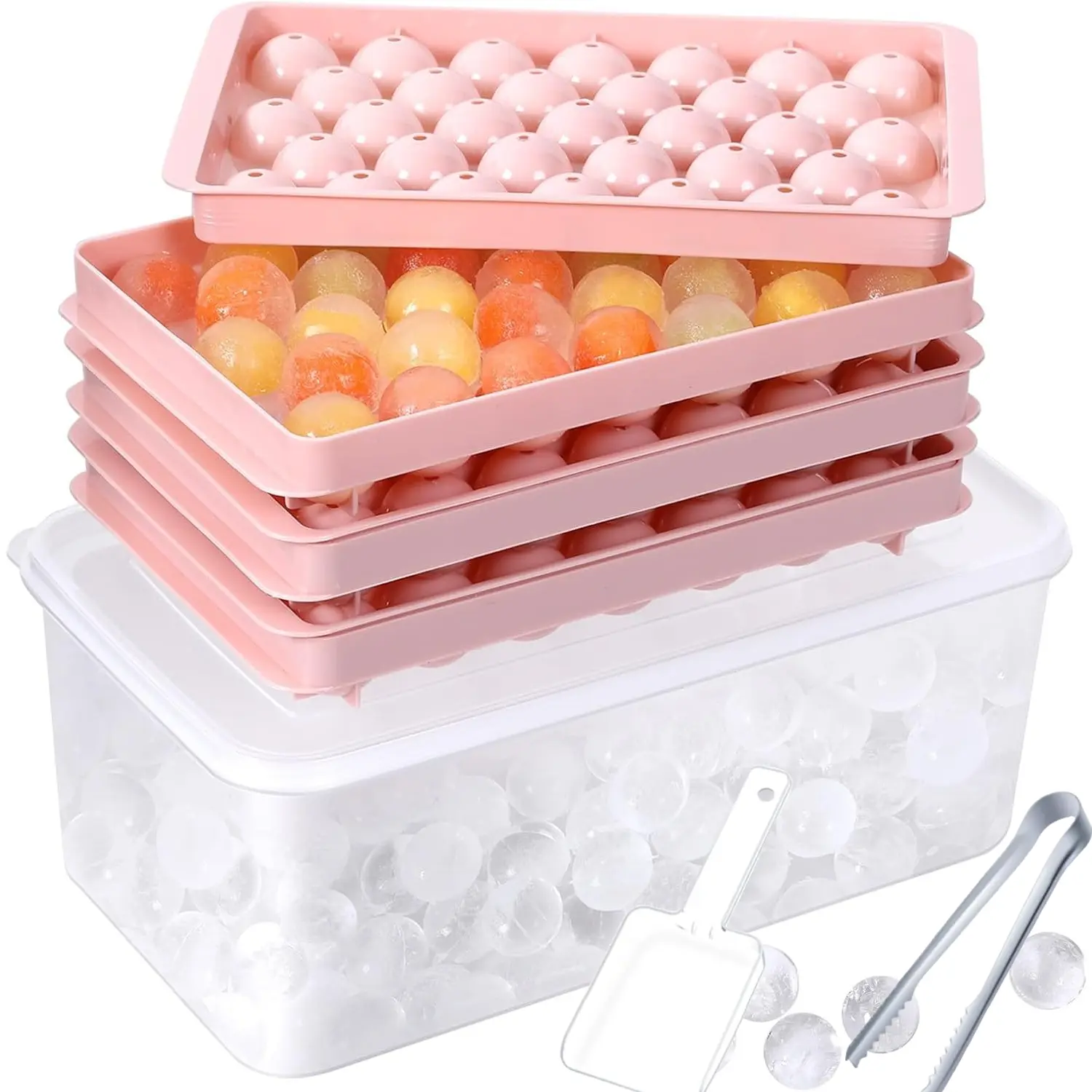 Round Ice Cube Trays 3 Pack Circle Ice Ball Maker Mold Small Round Ice Cube Trays for Freezer with Lid & Bin Mini Sphere Ice Tray for Cocktail Coffee Juice Chilled Whiskey (Pink), Mother's Day Gifts Container Home