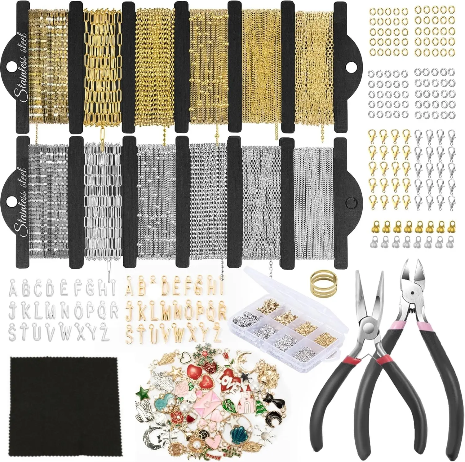 439 Pieces 18K Gold Handmade Jewelry Making Supplies, 59FT 12 Rolls Chain for Necklaces & Bracelets, Complete Set with Pliers, Jump Rings, Lobster Clasps & Random Color Charms for DIY Craft