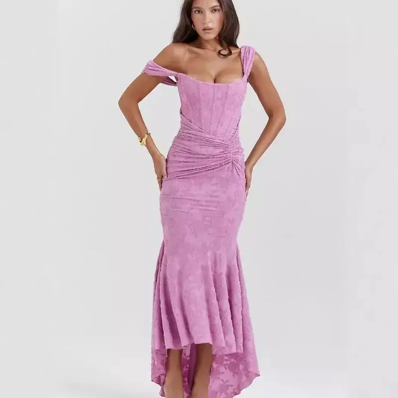 Square Collar Elastic Net Jacquard Pleated Sleeveless Fishtail Suspender Dress Urban Corset Dress Casual Fabric Square Collar Elastic Net Jacquard Pleated Sleeveless Fishtail Suspender Dress Urban Corset Dress Casual Fabric