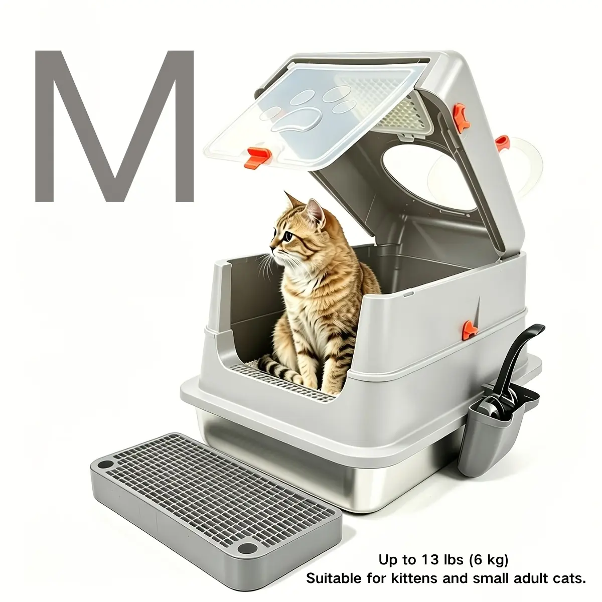 Stainless Steel Cat Litter Box Set, With Deodorizing Block, Featuring An Extra Large 3-in-1 Design With Enclosed/Open Top And Lid, Odorless Litter Pan With High Sides